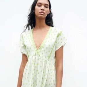 ZARA Rustic Embroidered Dress, White and green NWT!! Size L